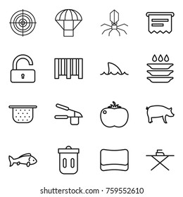 Thin line icon set : target, parachute, virus, atm receipt, unlock, bar code, shark flipper, plate washing, colander, garlic clasp, tomato, pig, fish, trash bin, sponge, iron board