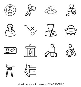 Thin line icon set : target audience, courier, group, client, support manager, do not trolley sign, security man, confidential, check in, detector, passenger, invalid, Chair for babies
