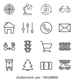 Thin line icon set : target, table lamp, battery charge, smart glasses, home, equalizer, phone, mail, route a to b, traffic light, cart, radiator, hive, spruce, clean window, car wash