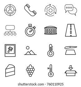 Thin line icon set : target audience, phone, around gear, discussion, structure, stopwatch, airport building, road, photo, landscape, thermometer, cutting board, cake, grape, package