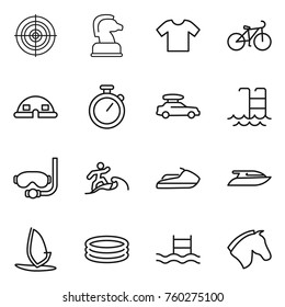 Thin line icon set : target, chess horse, t shirt, bike, dome house, stopwatch, car baggage, pool, diving mask, surfer, jet ski, yacht, windsurfing, inflatable