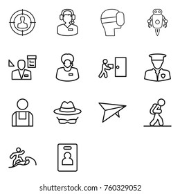 Thin line icon set : target audience, call center, virtual mask, jet robot, architector, support manager, courier delivery, security man, workman, confidential, deltaplane, tourist, surfer