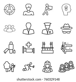 Thin line icon set : target audience, woman, courier, bulb head, group, client, security man, confidential, passenger, hospital, skysrcapers cleaning, skyscrapers, garden, vacuum cleaner, outsource