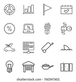 Thin line icon set : target audience, graph, flag, calendar, percent, notebook, bulb, satellite, eco car, server, suitcase, shark flipper, garage, pan, clean window