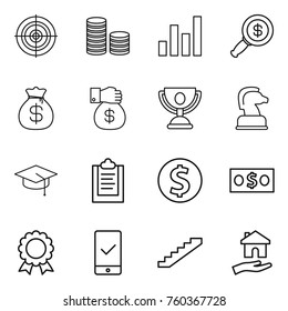 Thin line icon set : target, coin stack, graph, dollar magnifier, money bag, gift, trophy, chess horse, graduate hat, clipboard, medal, mobile checking, stairs, housing