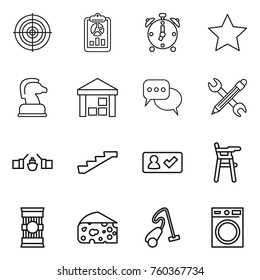 Thin line icon set : target, report, alarm clock, star, chess horse, warehouse, discussion, pencil wrench, drawbridge, stairs, check in, Chair for babies, pasta, cheese, vacuum cleaner