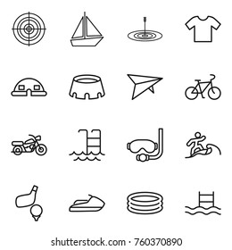 Thin line icon set : target, boat, t shirt, dome house, stadium, deltaplane, bike, motorcycle, pool, diving mask, surfer, golf, jet ski, inflatable