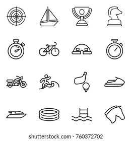Thin line icon set : target, boat, trophy, chess horse, stopwatch, bike, dome house, motorcycle, surfer, golf, jet ski, yacht, inflatable pool
