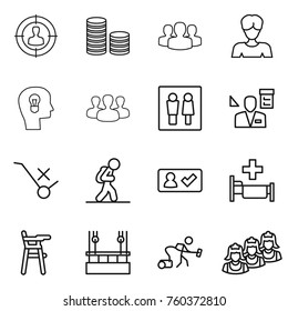 Thin line icon set : target audience, coin stack, group, woman, bulb head, wc, architector, do not trolley sign, tourist, check in, hospital, Chair for babies, skysrcapers cleaning, vacuum cleaner