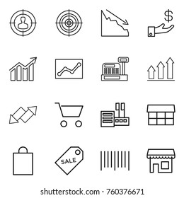 Thin line icon set : target audience, crisis, investment, diagram, statistics, cashbox, graph up, down arrow, cart, store, market, shopping bag, sale label, bar code, shop