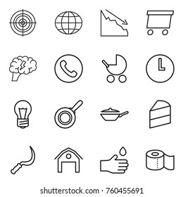 Thin line icon set : target, globe, crisis, delivery, brain, phone, baby stroller, clock, bulb, pan, cake, sickle, barn, hand drop, toilet paper