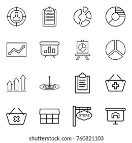 Thin line icon set : target audience, clipboard, circle diagram, statistics, presentation, graph up, add to basket, delete cart, market, store signboard