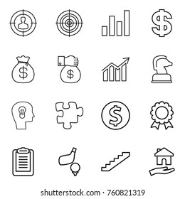 Thin line icon set : target audience, graph, dollar, money bag, gift, diagram, chess horse, bulb head, puzzle, coin, medal, clipboard, golf, stairs, housing