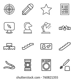 Thin line icon set : target, pencil, star, abacus, monitor arrow, chess horse, table lamp, drawbridge, block wall, stairs, check in, walnut crack, pasta, washing machine, toilet brush