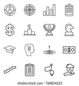 Thin line icon set : target audience, graph, clipboard, dollar, pedestal, trophy, chess horse, graduate hat, bulb head, money, stairs, golf, housing