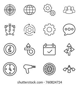 Thin line icon set : target, globe, gear, group, alarm clock, around, balloon, info, trip, terms, route, watch, hair dryer, wheel, hard reach place cleaning