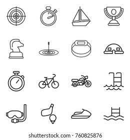 Thin line icon set : target, stopwatch, boat, trophy, chess horse, smart bracelet, dome house, bike, motorcycle, pool, diving mask, golf, jet ski