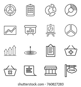 Thin line icon set : target audience, clipboard, circle diagram, statistics, presentation, graph up, add to basket, delete cart, shopping list, market, store signboard