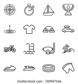 Thin line icon set : target, stopwatch, boat, trophy, t shirt, dome house, car baggage, motorcycle, pool, diving mask, surfer, jet ski, yacht, inflatable, horse