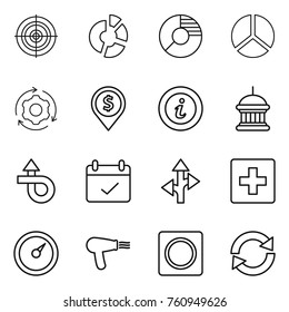 Thin line icon set : target, circle diagram, around gear, dollar pin, info, goverment house, trip, terms, route, first aid, barometer, hair dryer, ring button, reload