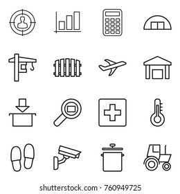 Thin line icon set : target audience, graph, calculator, hangare, tower crane, fence, plane, warehouse, package, cargo search, first aid, thermometer, slippers, surveillance camera, pan, tractor