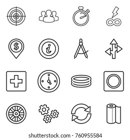 Thin line icon set : target, group, stopwatch, infinity power, dollar pin, info, draw compass, route, first aid, watch, inflatable pool, ring button, wheel, gears, reload, paper towel