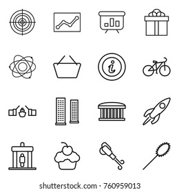 Thin line icon set : target, statistics, presentation, gift, atom, basket, info, bike, drawbridge, skyscrapers, airport building, rocket, detector, cupcake, blower, duster