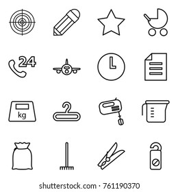Thin line icon set : target, pencil, star, baby stroller, phone 24, plane, clock, document, heavy, hanger, mixer, measuring cup, flour, rake, clothespin, do not distrub