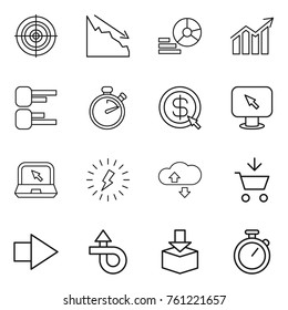 Thin line icon set : target, crisis, diagram, stopwatch, dollar arrow, monitor, notebook, lightning, cloude service, add to cart, right, trip, package