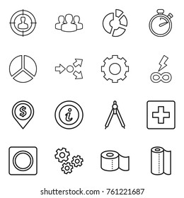 Thin line icon set : target audience, group, circle diagram, stopwatch, core splitting, gear, infinity power, dollar pin, info, drawing compasses, first aid, ring button, gears, toilet paper, towel