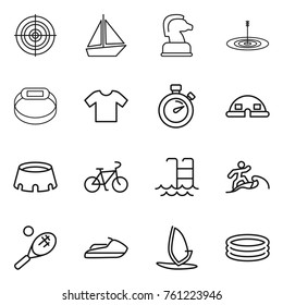 Thin line icon set : target, boat, chess horse, smart bracelet, t shirt, stopwatch, dome house, stadium, bike, pool, surfer, tennis, jet ski, windsurfing, inflatable