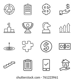 Thin line icon set : target audience, clipboard, dollar, investment, pedestal, trophy, chess horse, graph up, puzzle, coin, money, stairs, mobile checking, housing