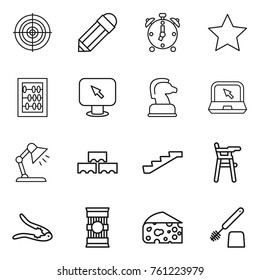 Thin line icon set : target, pencil, alarm clock, star, abacus, monitor arrow, chess horse, notebook, table lamp, block wall, stairs, Chair for babies, walnut crack, pasta, cheese, toilet brush