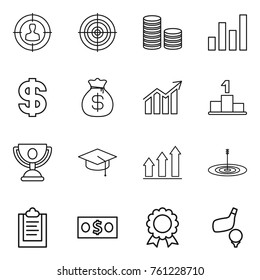 Thin line icon set : target audience, coin stack, graph, dollar, money bag, diagram, pedestal, trophy, graduate hat, up, clipboard, medal, golf