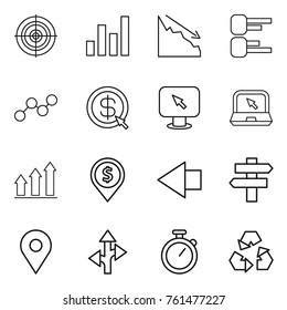 Thin line icon set : target, graph, crisis, diagram, dollar arrow, monitor, notebook, up, pin, left, singlepost, geo, route, stopwatch, recycling
