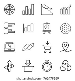 Thin line icon set : target, graph, crisis, diagram, presentation, around gear, notebook, up down arrow, add to cart, geo pin, route, package, stopwatch, recycling