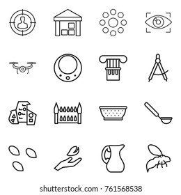 Thin line icon set : target audience, warehouse, round around, eye identity, drone, necklace, column, draw compass, modern architecture, gothic, colander, ladle, seeds, hand leaf, jug, wasp