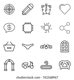 Thin line icon set : target, pencil, alarm clock, heart, money message, chip, molecule, remove from basket, underpants, drawbridge, arch window, scooter shipping, hanger, pretzel