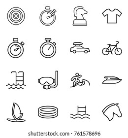 Thin line icon set : target, stopwatch, chess horse, t shirt, car baggage, bike, pool, diving mask, surfer, yacht, windsurfing, inflatable