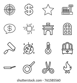 Thin line icon set : target, dollar, star, cashbox, money message, chip, arch, window, repair, disco ball, thermometer, dresser, pan, scissors, fire
