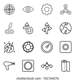 Thin line icon set : target, eye, gear, spinner, infinity power, trip, route, earth, disco ball, lifebuoy, barometer, ring button, hair dryer, hard reach place cleaning, paper towel