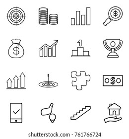 Thin line icon set : target, coin stack, graph, dollar magnifier, money bag, diagram, pedestal, trophy, up, puzzle, mobile checking, golf, stairs, housing