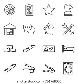 Thin line icon set : target, report, star, chess horse, warehouse, discussion, table lamp, pencil wrench, block wall, stairs, check in, bed, garlic clasp, walnut crack, washing machine
