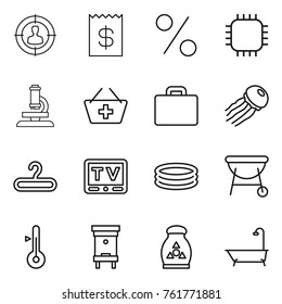 Thin line icon set : target audience, receipt, percent, chip, microscope, add to basket, suitcase, jellyfish, hanger, tv, inflatable pool, bbq, thermometer, hive, fertilizer, bath