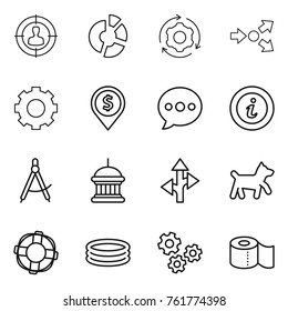 Thin line icon set : target audience, circle diagram, around gear, core splitting, dollar pin, balloon, info, draw compass, goverment house, route, dog, lifebuoy, inflatable pool, gears