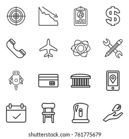 Thin line icon set : target, crisis, report, dollar, phone, plane, atom, pencil wrench, jet robot, credit card, airport building, mobile location, terms, chair, kettle, hand leaf