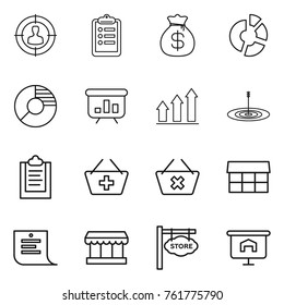 Thin line icon set : target audience, clipboard, money bag, circle diagram, presentation, graph up, add to basket, delete cart, market, shopping list, store signboard