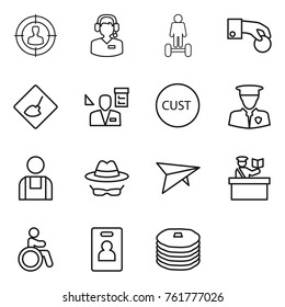 Thin line icon set : target audience, call center, hoverboard, hand coin, under construction, architector, customs, security man, workman, confidential, deltaplane, inspector, invalid, identity card