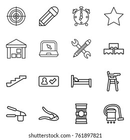 Thin line icon set : target, pencil, alarm clock, star, warehouse, notebook, wrench, block wall, stairs, check in, bed, Chair for babies, garlic clasp, walnut crack, pasta, vacuum cleaner