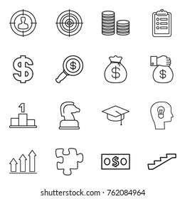 Thin line icon set : target audience, coin stack, clipboard, dollar, magnifier, money bag, gift, pedestal, chess horse, graduate hat, bulb head, graph up, puzzle, stairs